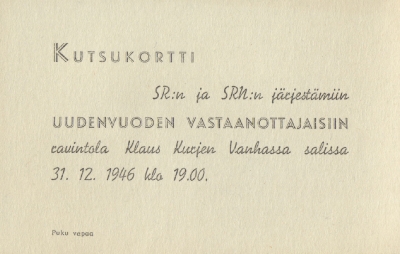 Kutsukortti SR:n ja SRN:n järjestämiin uudenvuoden vastaanottajaisiin (1946)